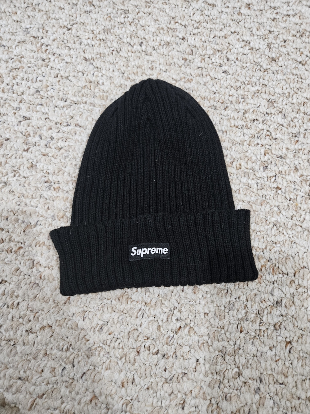 Supreme Black Rib Knit Cuffed Beanie with Logo Patch